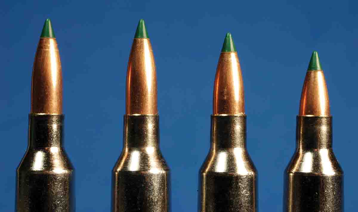 Experimenting with different bullet seating depths can lead to best accuracy. These .22-250 Remington cartridges have bullets seated to different depths.